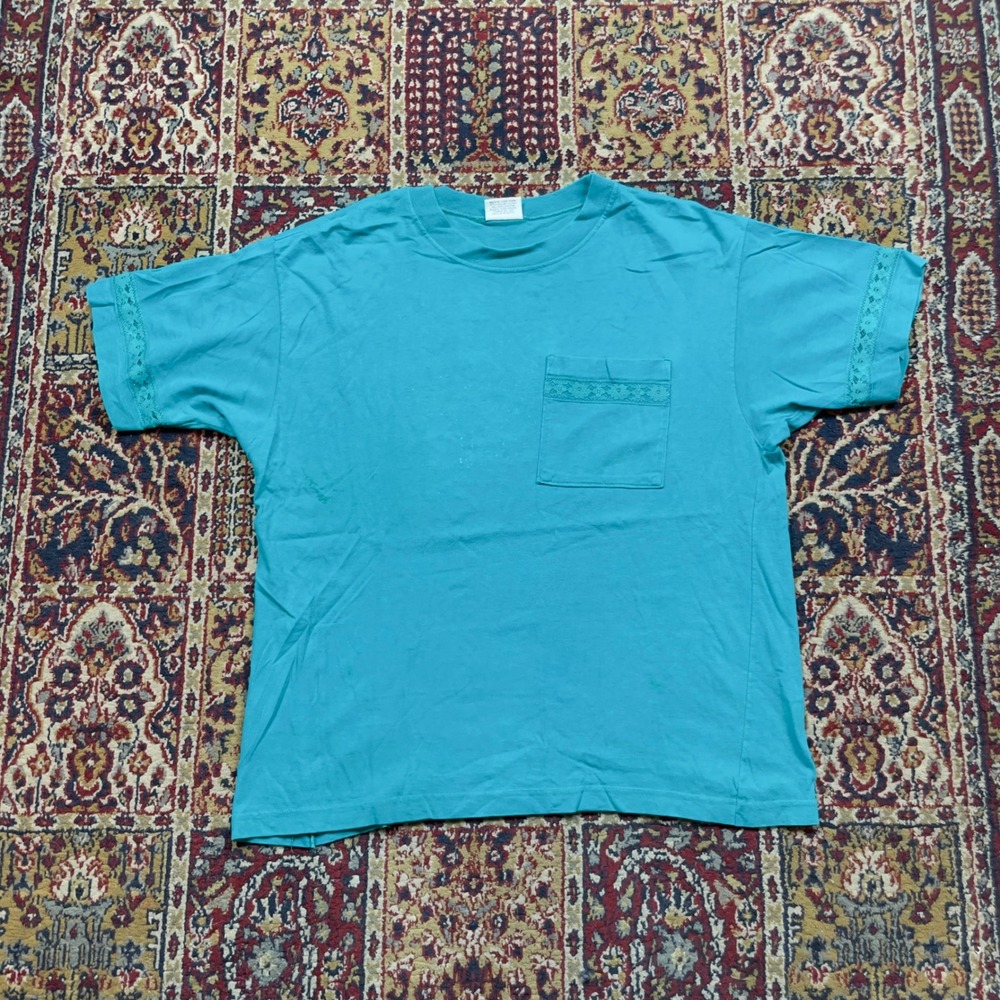 VTG 80s Chesterfield‎ Lace Trim Pocket T-Shirt Teal Blue Made in USA Mens Large